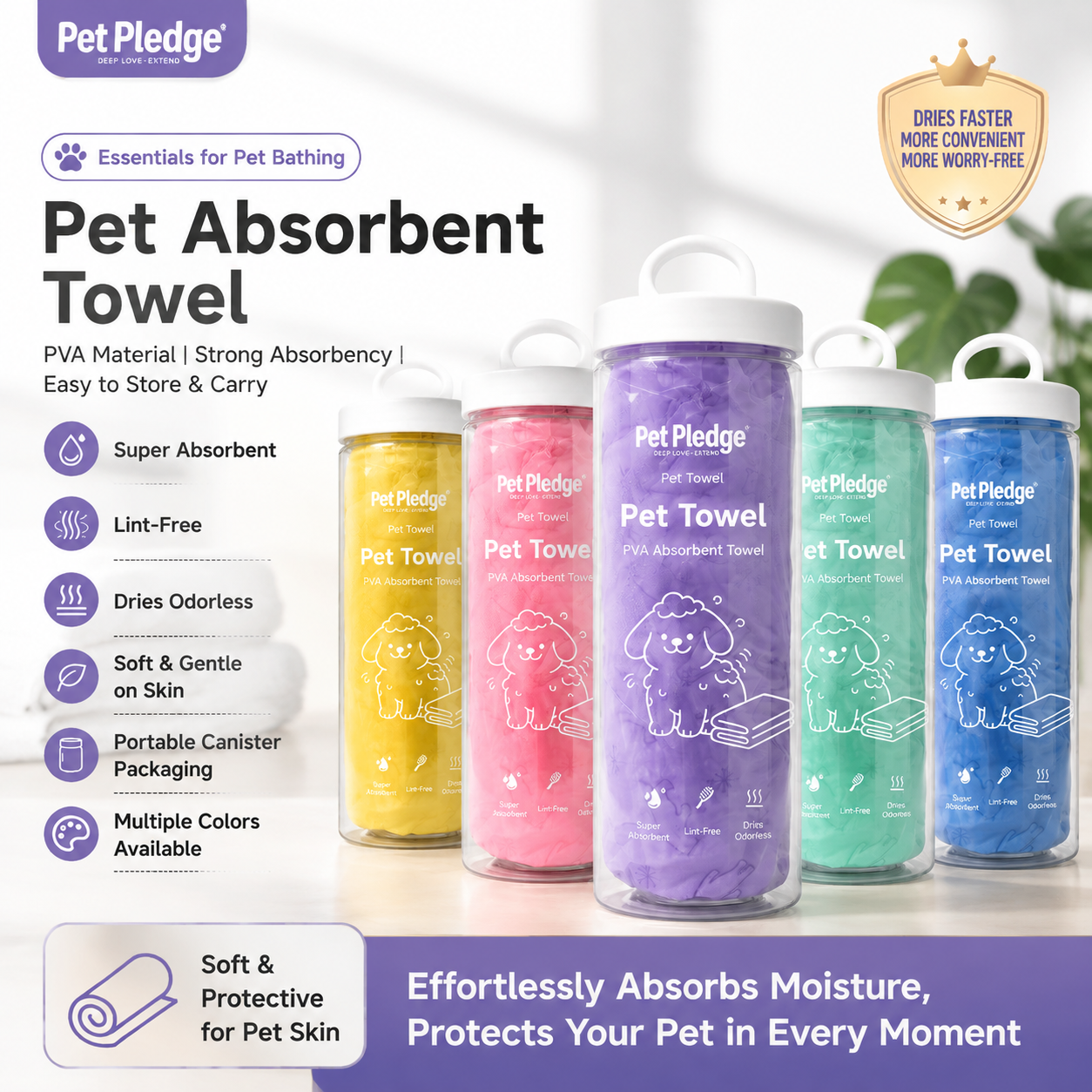 Quick-Dry Absorbent Pet Towel for Dogs and Cats, Oversized Thick Soft Faux Chamois Bath Towel, Pet Hair Resistant